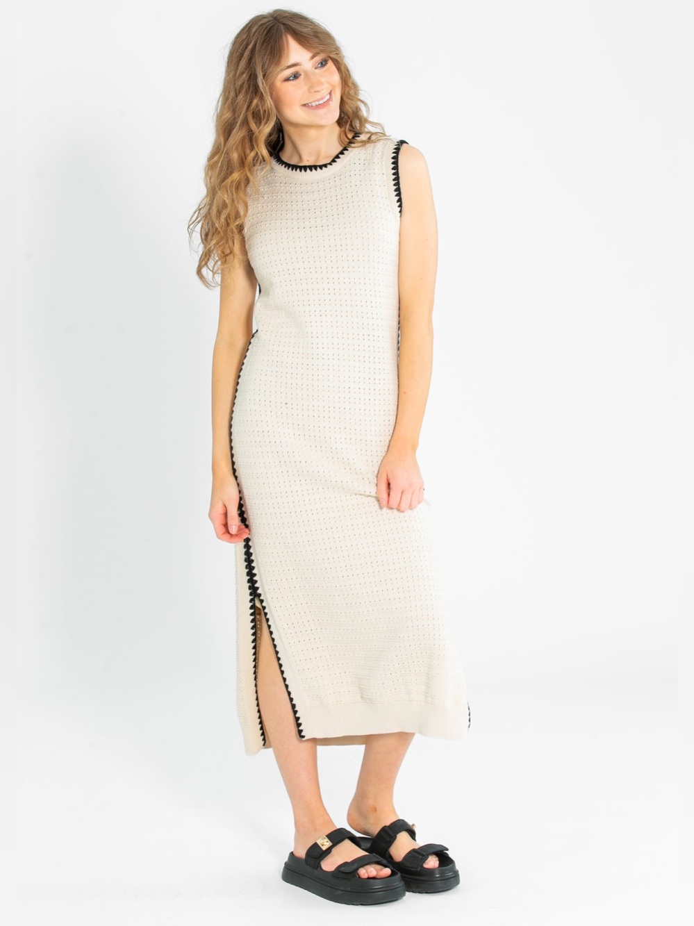 Varley the Dwight Tank Knit Maxi/Midi Dress in Navy and White